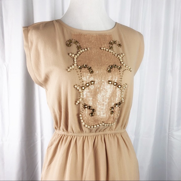 Taupe/Neutral Embellished Shift Dress. - Picture 3 of 5